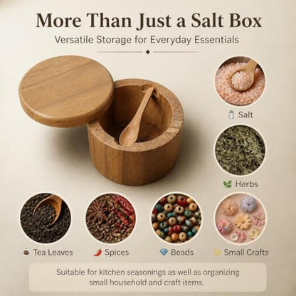 Acacia Wood Salt Cellar With Spoon Salt Box With Swivel Lid Spice Keeper Kitchen Storage Jar Salt Container For Table Salt Gourmet Salt Herbs Seasoning Spice Jar Wooden Salt Box Kitchen Organizer