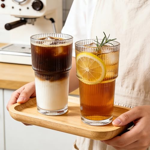 Accguan 18oz Ribbed Glass Tumbler with Straw and Lid, 6Pack Glass Cup | Reusable lced Coffee Cups with lids-Glass Cups with Lids for Smoothie,Coffee,Juice,Tea,Travel Mug,Cold & Hot Beverages - size: 18oz without handle-6pcs