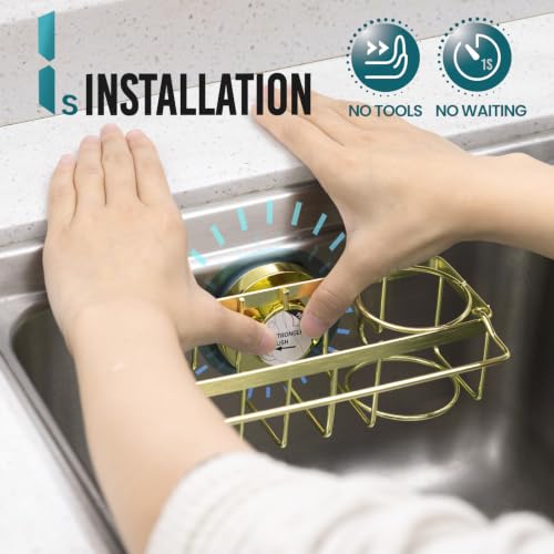 TAILI 4-in-1 Sponge Holder for Kitchen Sink with Strong Suction Cup-Gold | Removable Rustproof 304 Stainless Steel Multi-compartment Sponge Holder with Suction Cup, Keeps Brushes & Scrubbers Tidy - color: Gold, size: 7.28" x 2.36"