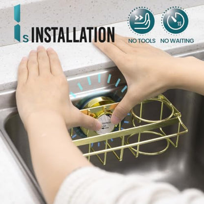 TAILI 4-in-1 Sponge Holder for Kitchen Sink with Strong Suction Cup-Gold | Removable Rustproof 304 Stainless Steel Multi-compartment Sponge Holder with Suction Cup, Keeps Brushes & Scrubbers Tidy - color: Gold, size: 7.28" x 2.36"