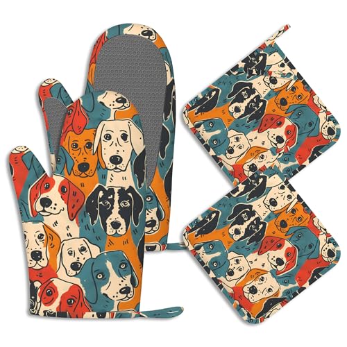 Colourful Dogs Potholders & Oven Mitts Sets Cute Animal Silicone Heat Resistant Oven Mits and Hot Pads Non-Slip Pot Holders Gloves for Kitchen Chef Cooking Baking Grilling BBQ - color: Colourful Dogs,cute Animal