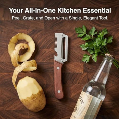 2Pack MultiFunctional Vegetable Peeler,3 in 1 Multi Functional Wooden Handle Peeler and Bottle Opener, Kitchen Gadgets Tool for Fruit Pumpkin Peeling Potato Carrot Veggie Peeler