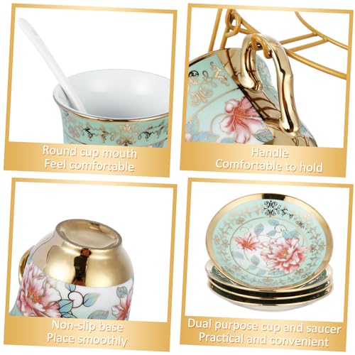Zhehao 20 Pcs Porcelain Tea Set with Metal Holder and Spoon Adult Ceramic Tea Set European Flower Painting Teapot Cup Saucer Spoon for Women Mom Gift, Large Version (Fresh Style) - color: Fresh Style