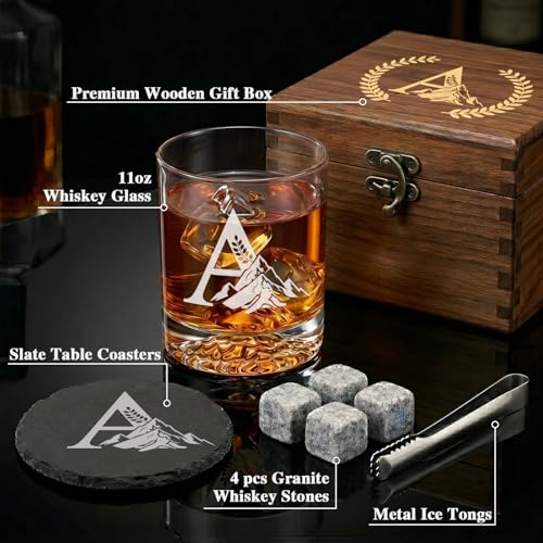 Personalized Whiskey Glass Gift Set for Men – Monogrammed Initial Rocks Glass with Slate Coaster, Wooden Box & Whiskey Stones, Birthday Father's Day for Him Dad Husband - style: A