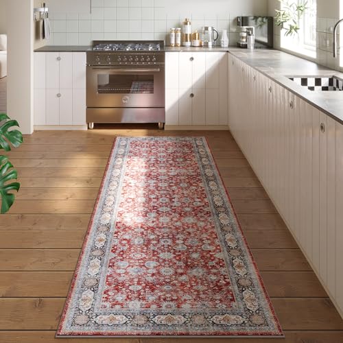 Rugcomf Runner Rug 2'x6' Hallway Rug Washable Boho Soft Area Rug Non-Slip Non-Shedding Faux Wool Vintage for Kitchen, Entryway, Laundry, Bedroom, Indoor (Red) - color: Red, size: 2' x 6' (Rectangular)