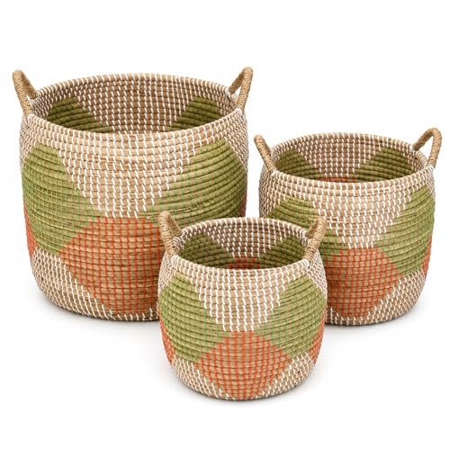 Set of 3 Handwoven Seagrass Storage Baskets with Handles, Decorative Round Wicker Basket Set for Blankets, Toys, Towels, Nursery, Living Room & Bedroom