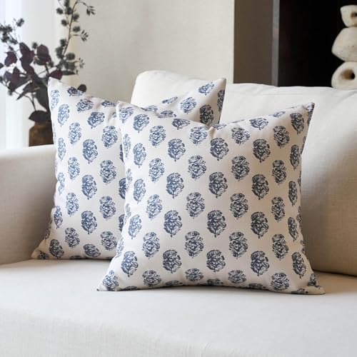 DOMVITUS Set of 2 Floral Pillow Covers 20x20, Block Print Pillow Covers Vintage Neutral Decorative Farmhouse Throw Pillow Covers for Couch Bed Living Room Dusty Blue - color: Dusty Blue, size: 20" x 20" (Pack of 2)