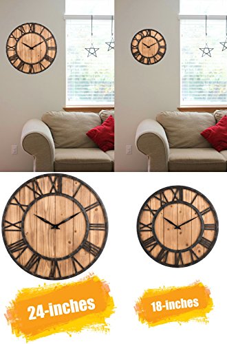 Oldtown Farmhouse Metal & Solid Wood Noiseless Wall Clock (Wood, 18-inch) - color: Wood, size: 18-inch