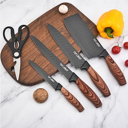 Knife Set, Wiztoynia 6-Piece Black Kitchen Knife Set for Home, Anti-Rust Non-stick Stainless Steel Sharp Chef Knife Set with Universal Knife Block for Kitchen, Ergonomical Design (Black) - color: Black