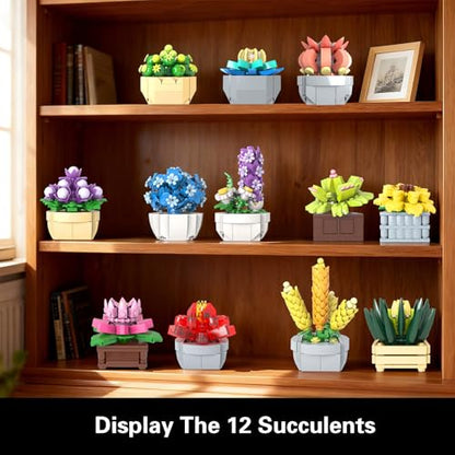 PIKARO Flowers Succulents Building Sets, 12 Plants, for Kids Adults Women | Botanical Collection Building Block Toy, Creative Birthday Housewarming Gifts, Artificial Plant Kit, Home Decor (1174 PCS)
