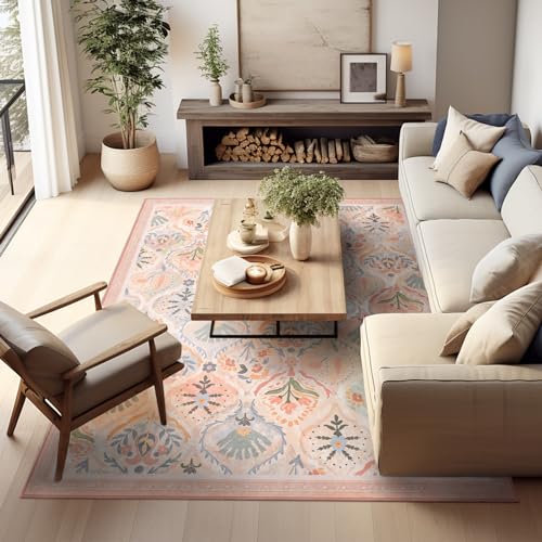 Ashler 8x10 Vintage Rug, Floral Area Rugs, Ultra-Thin Boho Tropical Rug, Vintage Large Rugs for Entryway, Kitchen, Flesh Pink/Beige, Moroccan Low-Pile Machine Washable Decoration - color: G-flesh Pink/Beige, size: 8' x 10' (Rectangular)
