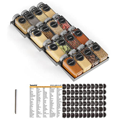 SpaceAid Spice Drawer Organizer with 16 Spice Jars, 386 Spice Labels, 4 Tier Seasoning Rack Tray Insert for Kitchen Drawers, 7.5" Wide x 17.5" Deep - size: 16 Jars, 7.5" Wide