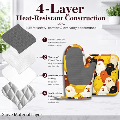 Funny Cartoon Chicken Oven Mitts and Pot Holders Sets Silicone Kitchen Mitts Potholders Heat Resistant Oven Gloves Hot Pads for Kitchen Baking Cooking - color: Funny Cartoon Chicken