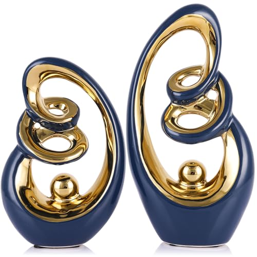 Blue Gold Ceramic Abstract Sculpture, Modern Art Deco Statues With Gold Accents For Home, Tv Stand Decor Centerpieces - color: Blue Gold