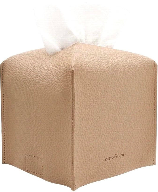 Carrot’s Den PU Leather Tissue Box Cover Holder, Bathroom Decor, Beige | Faux leather square holder fits standard facial tissue boxes. Decorative aesthetic accent for office desk, guest bedroom. - color: Beige