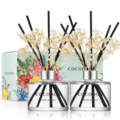 COCODOR Preserved Flower Reed Diffuser/White Jasmine/6.7oz/2Pack / Home Fragrance Scent Essential Oil Stick Diffuser for Bedroom Bathroom Home Decor - size: Real Flower/6.7Ounce/2Pack