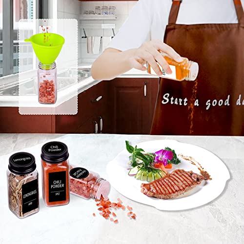 Churboro 25 Pack Glass Spice Jars with Labels, 4oz Spice Containers | Square Spice Bottles with Black Caps, Shaker Lids, 547 Labels, Funnel & Chalk Pen. Keep Seasoning Jars Neat and Organized