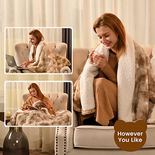 Bearhug Electric Blanket Throw Size, 50" x 60" Heated Blanket with 6 Heating Levels & 4H Auto Shut-Off, Machine Washable Soft Velvet to Sherpa Reversible Heated Throw for Office, Couch and Sofa - color: Champagne-faux Fur & Sherpa, size: Throw 50" × 60"