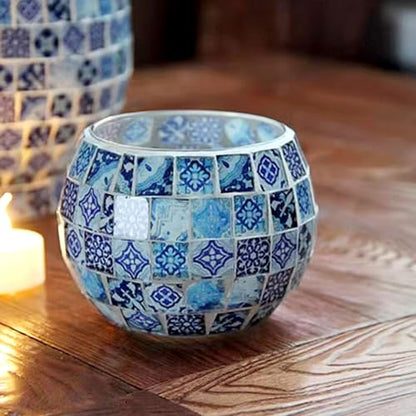 Mosaic Glass Tea Light Holders Romantic Votive Candle Holder (L) | Round Handmade Tealight Candle Holder, for Table Centerpieces, Christmas, Party, Home Decor