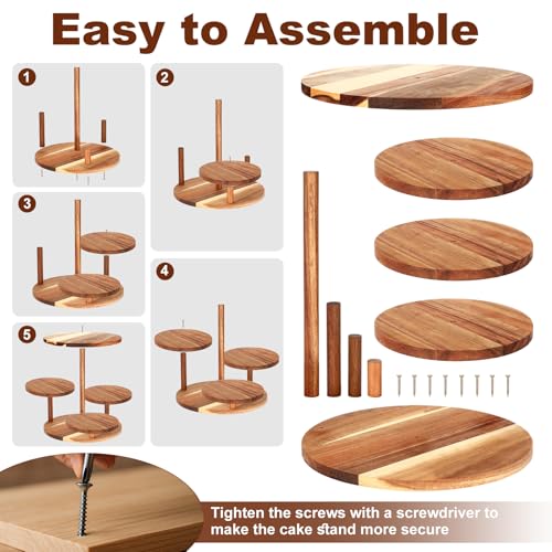 Hushee 4 Pcs Wood Round Cupcake Tower Stand with Serving Platters Trays Set, 4 Tier Wooden Cake Stand Tray with 1 Round Dinner Plate 2 Rectangular Plates for Dessert Snack Party(Brown)