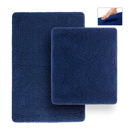 Bathroom Rugs, Extra-Thick Memory Foam Bath Mat, Ultra-Soft Chenille Microfiber, Highly Absorbent, Machine Washable, Shaggy Bath Mats for Bathroom, Non-Slip (21x32 + 20x22, 2pcs) Navy - color: Navy Blue, size: 21 x 32 + 20 x 22 - No Cutout