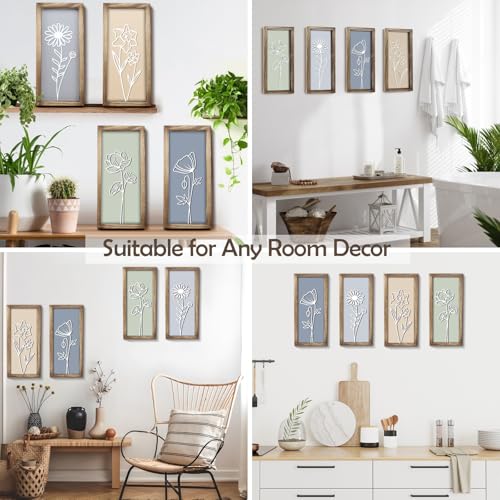 3D Wooden Floral Wall Art Decor, 4PCS 7 x 16 Inch Wood Framed Wall Art for Bathroom Living Room Bedroom Office, Rustic Farmhouse Boho Botanical Minimalist Flower Wall Hanging Decor