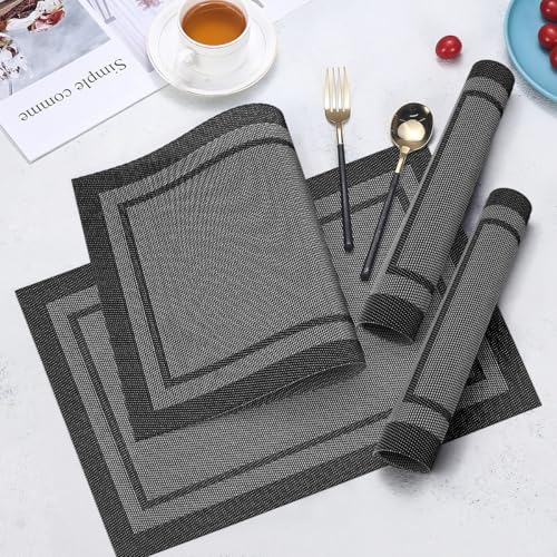 Placemats Set of 6, Heat Resistant Place Mats, Washable PVC Table Mats, Woven Vinyl Placemats, Non-Slip Stain Resistan Plastic Placemats for Table (Black White, 6) - color: Black White