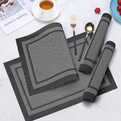 Placemats Set of 6, Heat Resistant Place Mats, Washable PVC Table Mats, Woven Vinyl Placemats, Non-Slip Stain Resistan Plastic Placemats for Table (Black White, 6) - color: Black White
