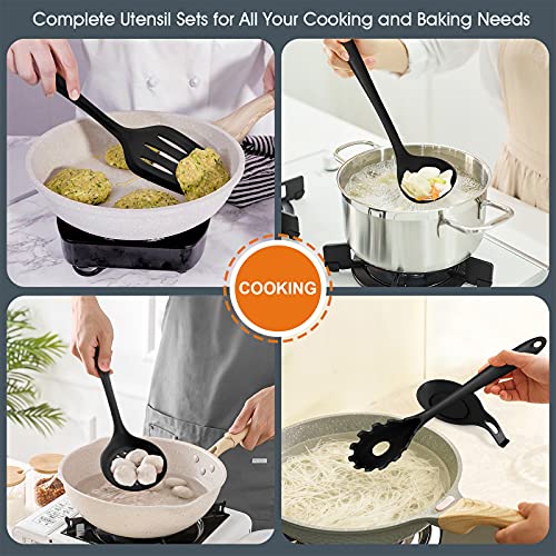 Kitchen Utensils Set, E-far 15-Piece Silicone Cooking Utensils with Holder, Non-stick Cookware Friendly & Heat Resistant, Includes Ladle Spatula Spoon Slotted Turner for Cooking & Baking (Black) - color: Black