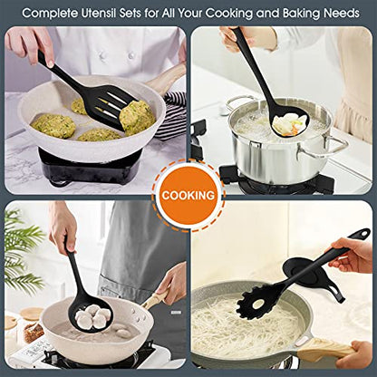 Kitchen Utensils Set, E-far 15-Piece Silicone Cooking Utensils with Holder, Non-stick Cookware Friendly & Heat Resistant, Includes Ladle Spatula Spoon Slotted Turner for Cooking & Baking (Black) - color: Black