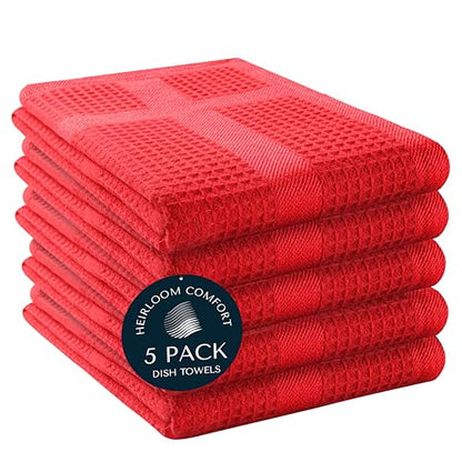 100% Cotton Kitchen Towels, 16"x26", 5 Pack, Waffle Weave, Absorbent, Fast Drying Dishcloth Set for Cleaning, Hand Towels, Dish Rags, Wash Cloth, Durable, Machine Washable, Red - color: Red, style: 5 Pack