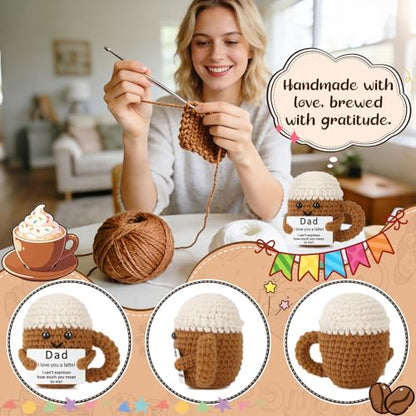 Xinezaa Mini Coffee Fathers Day Birthday Gift for Dad from Daughter Son | Bonus Step New Dad Best Dad Ever Gift, Positive Handmade Crochet, Small Funny, Father's Day Christmas I Love You Daddy Gift - style: Dad