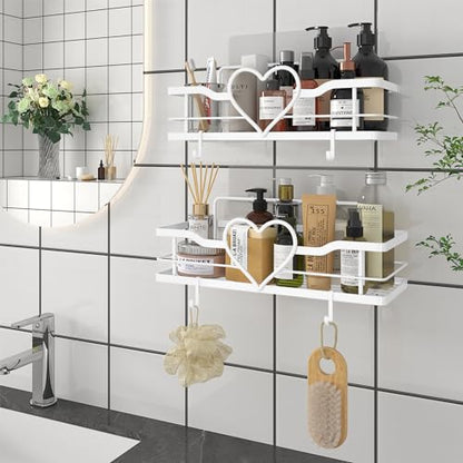 White Heart Shower Caddy,No Drilling Adhesive Shelves,2 Pack | Shower Shelf with 4 Removable Hooks,Holds 40 lbs,Rustproof Metal,For bathroom,kitchen,dorm,Cute Shower Organizer - color: White