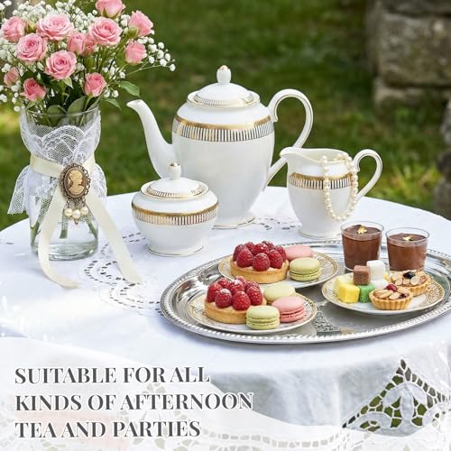 4 Pcs Large Silver Serving Tray 20.3 x 15.2 Inch Elegant Floral Metal Plate Silver Platter for Buffet Wedding Party Jewelry Decorative, Oblong