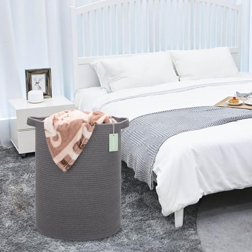 Cotton Rope Blanket Basket, 72L Tall Laundry Hamper, Dark Gray | 16"x 22", Large Collapsible Woven Nursery Hamper with Sturdy Handles for Clothes Toys Towels, Bedroom Living Room Bathroom - color: Dark Gray, size: 72L (16"x22")