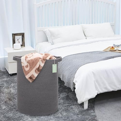 Cotton Rope Blanket Basket, 72L Tall Laundry Hamper, Dark Gray | 16"x 22", Large Collapsible Woven Nursery Hamper with Sturdy Handles for Clothes Toys Towels, Bedroom Living Room Bathroom - color: Dark Gray, size: 72L (16"x22")