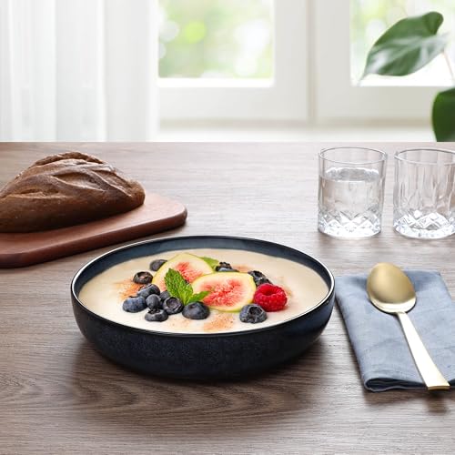 E-far Blue Pasta Bowls Set of 4, 35oz Double Reactive Glaze Stoneware | Wide & Shallow Ceramic Pasta Plates for Serving Salad Soup Dinner, Dishwasher & Microwave Safe - color: Deep Sea Blue