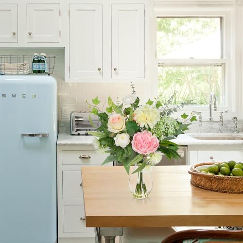 Briful Artificial Floral Arrangement with Faux Water – 19.7” Tall Mixed Peony, Rose, Dahlia & Eucalyptus Fake Flowers in Vase – Faux Flower in Glass Vase for Home Table Centerpiece Decoration