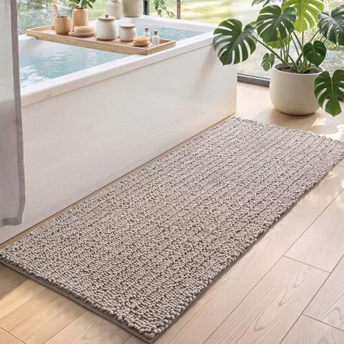 DEXI Bathroom Rugs 60x24, Super Soft Thick Chenille Absorbent Bath Mat, Non Slip Machine Washable Fluffy Shag Bathmat for Tub, Shower Floor, Dark Beige - color: Dark Beige, size: 60" X 24" (Rectangular)