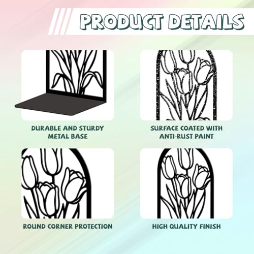 5.3"x4.3"x7.9" Metal Bookends, Heavy Duty Book Ends for Shelves | Tulips Theme Cast Iron Book Supports, 1 Pair Decor Stoppers for Desk, Library, Office & Home Shelves - style: Tulips