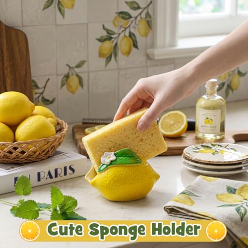 4 Pcs Lemon Kitchen Decor Ceramic Soap Dispenser Set Comes with Sponge Tray Instant Dry Tray Suitable for Kitchen Accessories Bathroom Decor Housewarming Gifts - style: Lemon