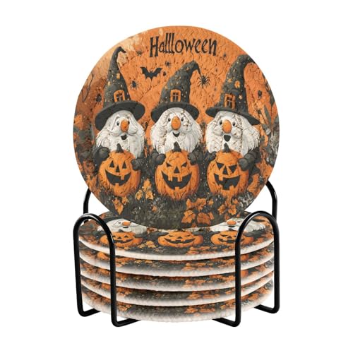 Caikeny 6 Pcs Drink Coasters with Metal Holder Gnomes Halloween Pumpkin Spider Orange Maple Absorbent Coasters Decorative Woven Coaster Set for Coffee Table - color: Multi 10k1.40