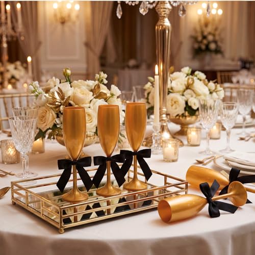Zopeal Plastic Reusable Champagne Flute Glasses 6 oz and 50 Pcs Bow Set Acrylic Wedding Toasting Goblet 3.5" Bow Unbreakable Wine Cup for Bachelorette Bridal Shower Party(Gold and Black) - color: Gold and Black