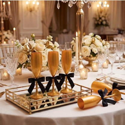 Zopeal Plastic Reusable Champagne Flute Glasses 6 oz and 50 Pcs Bow Set Acrylic Wedding Toasting Goblet 3.5" Bow Unbreakable Wine Cup for Bachelorette Bridal Shower Party(Gold and Black) - color: Gold and Black