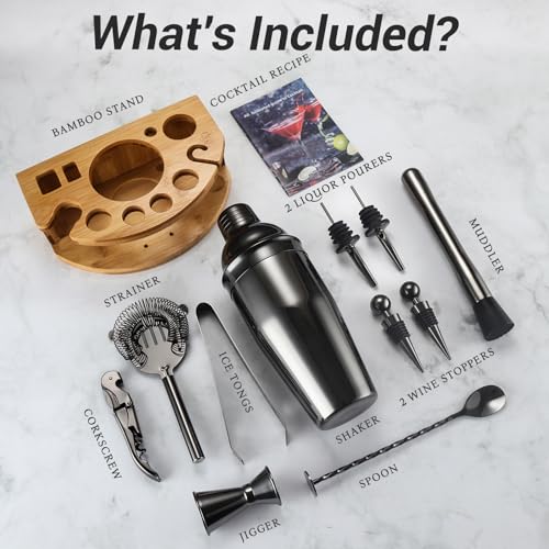 Cocktail Shaker Set Bartender Kit with Stand, 12 Piece Bar Set Drink Mixer Set with Stainless Steel Bar Accessories Tools: 25oz Martini Shaker Jigger Strainer Spoon Muddler for Cocktails (Black) - color: Black