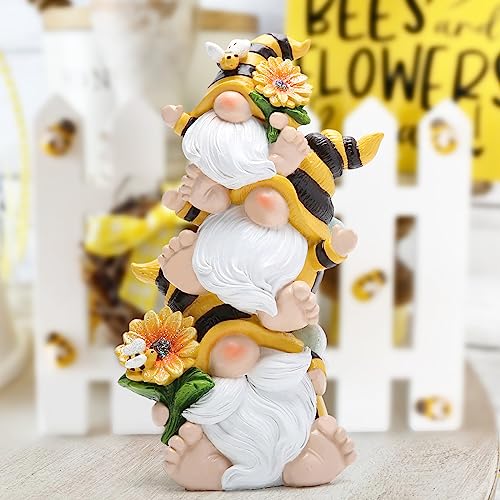 Hodao Bee Gnome Decor Statue, Resin Stacked Gnome Figurine with Sunflower and Bumblebee Details, Cute Farmhouse Tiered Tray Shelf Table Accent for Spring Summer Home Gift - style: Stacked Bee Gnome