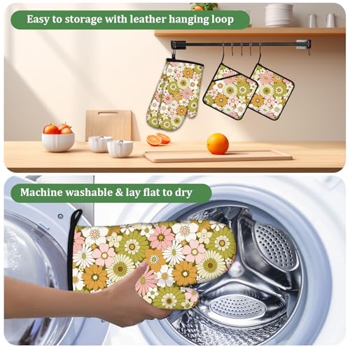 Retro 70s Style Flower Oven Mitts and Pot Holders Set 4 Pcs Extra Long Heat Resistant Gloves Potholder for Baking, BBQ, Grilling - color: Retro 70s Style Flower
