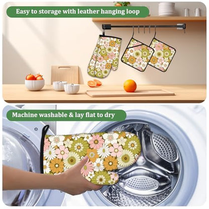 Retro 70s Style Flower Oven Mitts and Pot Holders Set 4 Pcs Extra Long Heat Resistant Gloves Potholder for Baking, BBQ, Grilling - color: Retro 70s Style Flower