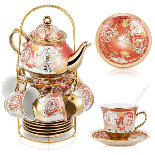 Zhehao 20 Pcs Porcelain Tea Set with Metal Holder and Spoon Adult Ceramic Tea Set European Flower Painting Teapot Cup Saucer Spoon for Women Mom Gift, Large Version (Noble Style) - color: Noble Style