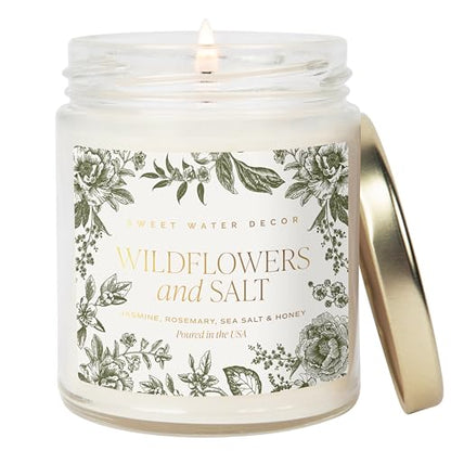 Sweet Water Decor Wildflowers and Salt Patterned Candle – Soy Candles with Rosemary, Lily, Honey, Violet, Amber, Musk Aroma– 40 Hour Burn – 9oz Clear Glass Jar – Ideal for Valentines Presents - style: Wildflowers and Salt